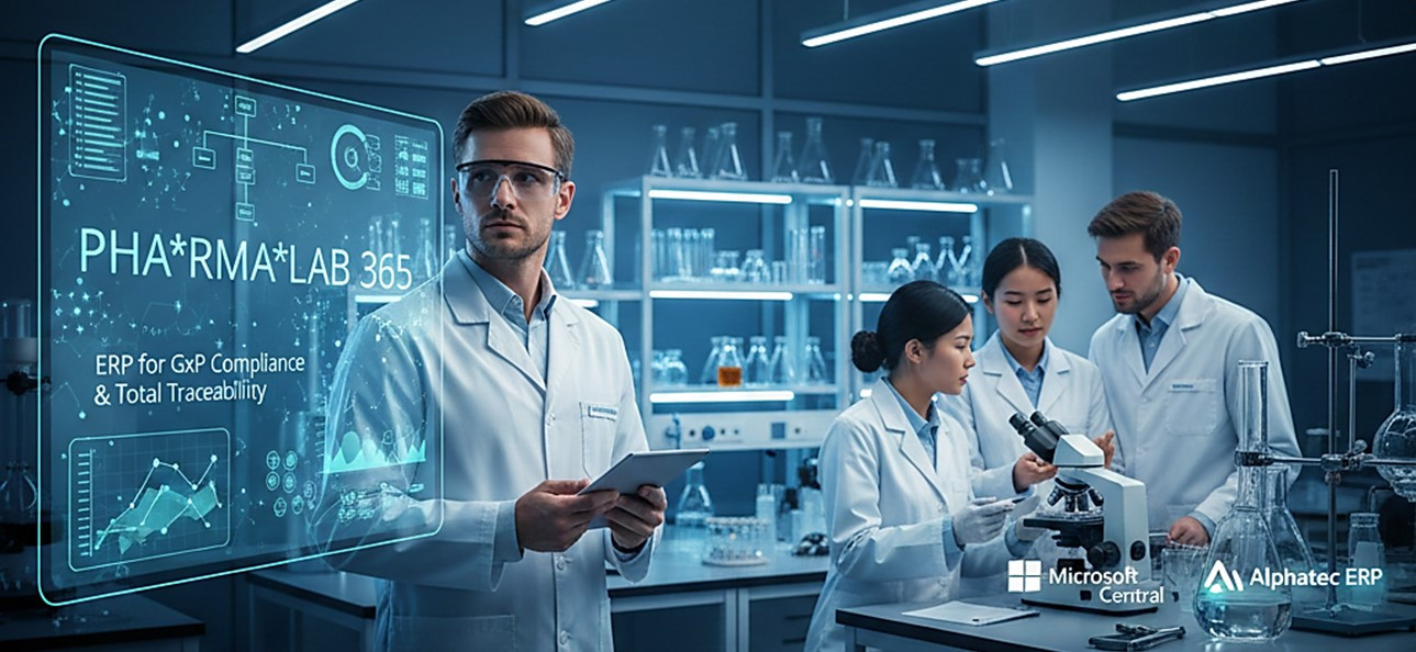 Científicos en laboratorio farmacéutico usando PhaRmaLab 365 y Microsoft Business Central para cumplimiento GxP y trazabilidad.