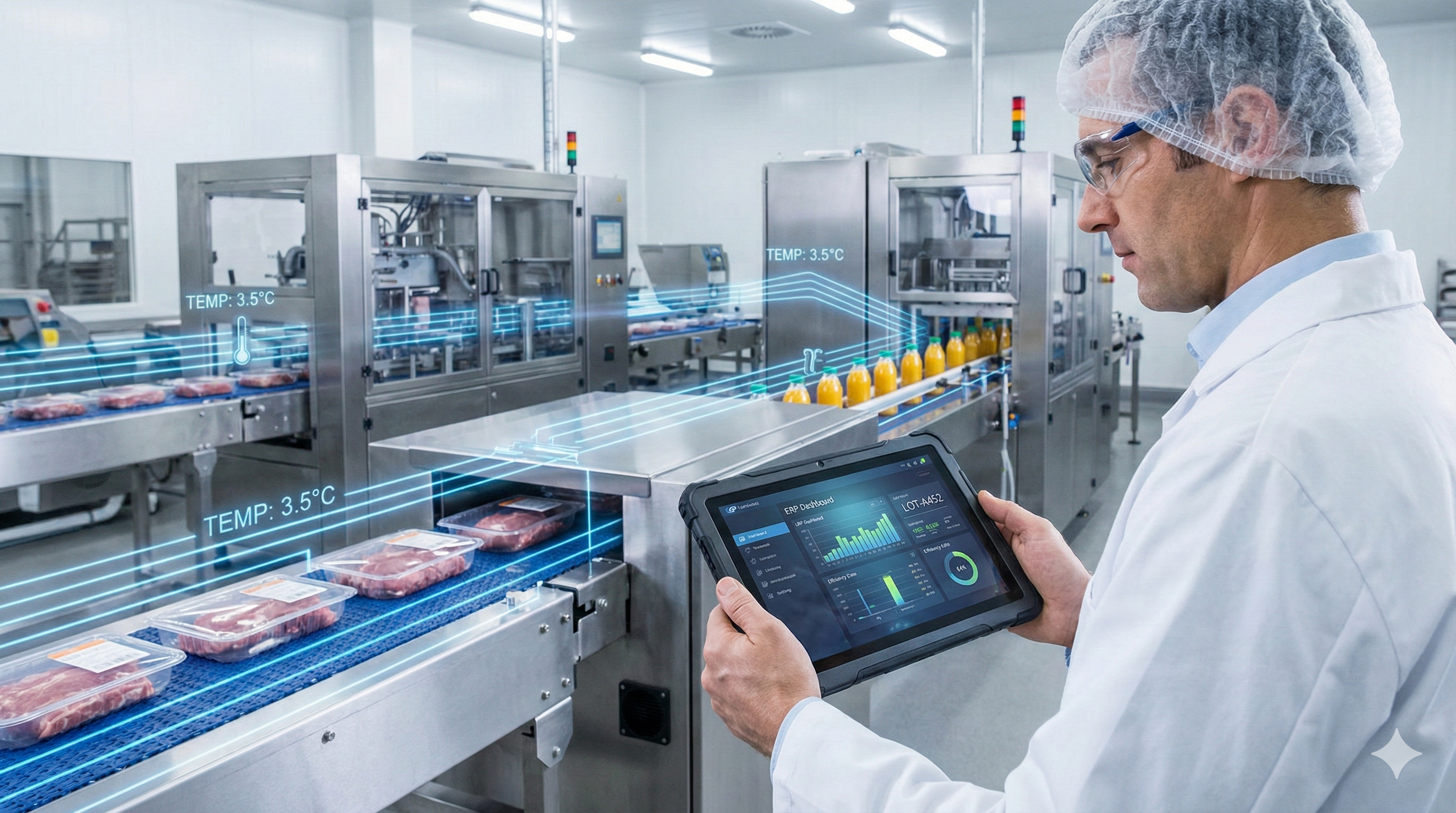 Gerente de planta industrial utilizando software ERP en tablet para controlar la trazabilidad y producción en una fábrica de alimentación y bebidas.