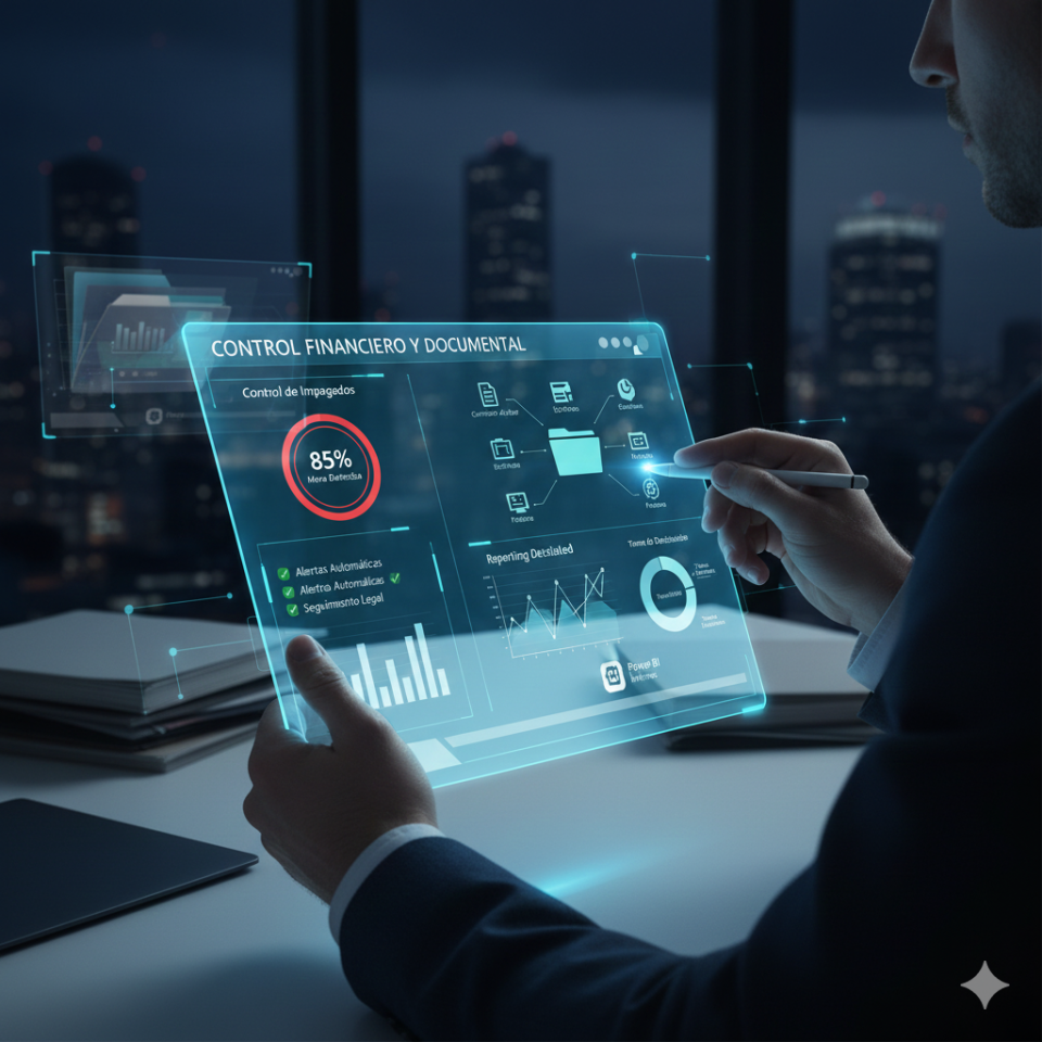 Persona utilizando una pantalla holográfica interactiva de Real Estate 365 mostrando control de impagados, gestión documental y reporting financiero detallado para propiedades y arrendamientos.