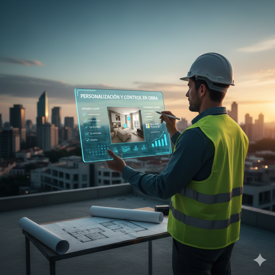 Ingeniero o arquitecto supervisando la personalización y control de obra de un proyecto inmobiliario en Real Estate 365, utilizando una pantalla digital interactiva con opciones de cliente y reportes.