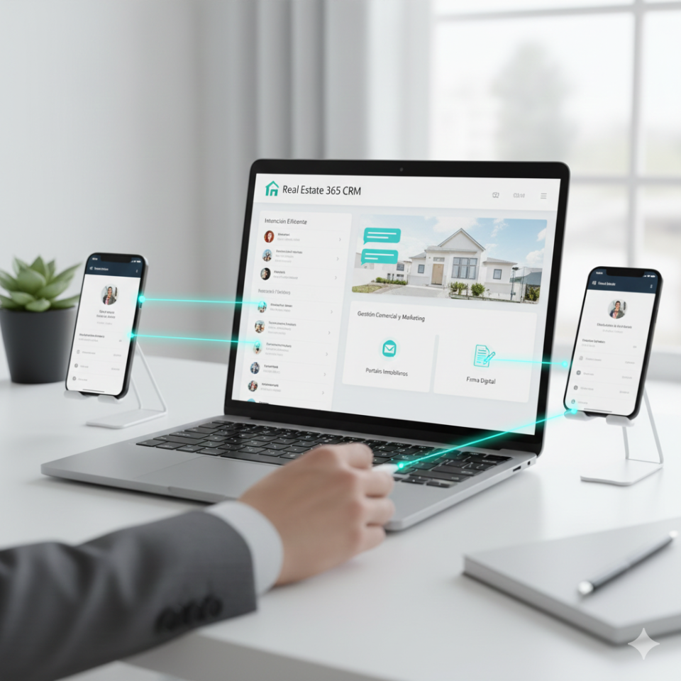 Persona trabajando en un laptop con la interfaz de CRM de Real Estate 365, conectada a smartphones, mostrando gestión de inquilinos, clientes, marketing y firma digital para el sector inmobiliario.