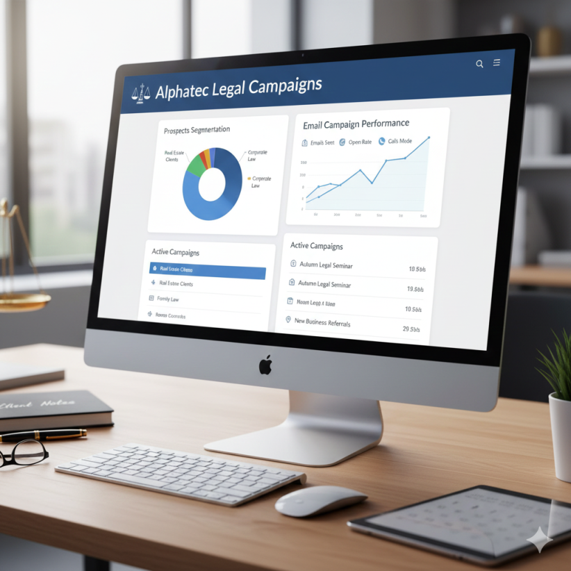 Dashboard de CRM mostrando gestión de campañas de email y segmentación de clientes, optimizando el marketing legal y la captación de nuevos expedientes.