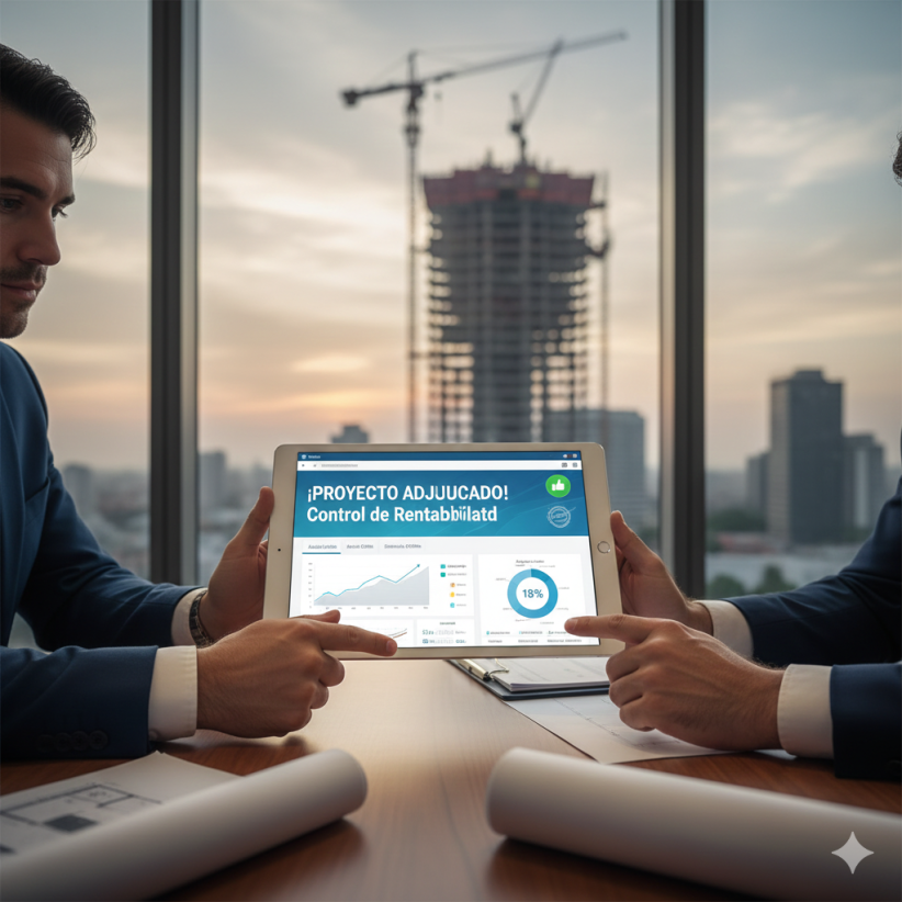Dos ejecutivos de construcción revisando en una tablet un dashboard que muestra la adjudicación de un proyecto y el análisis de rentabilidad, con una obra en construcción al fondo.