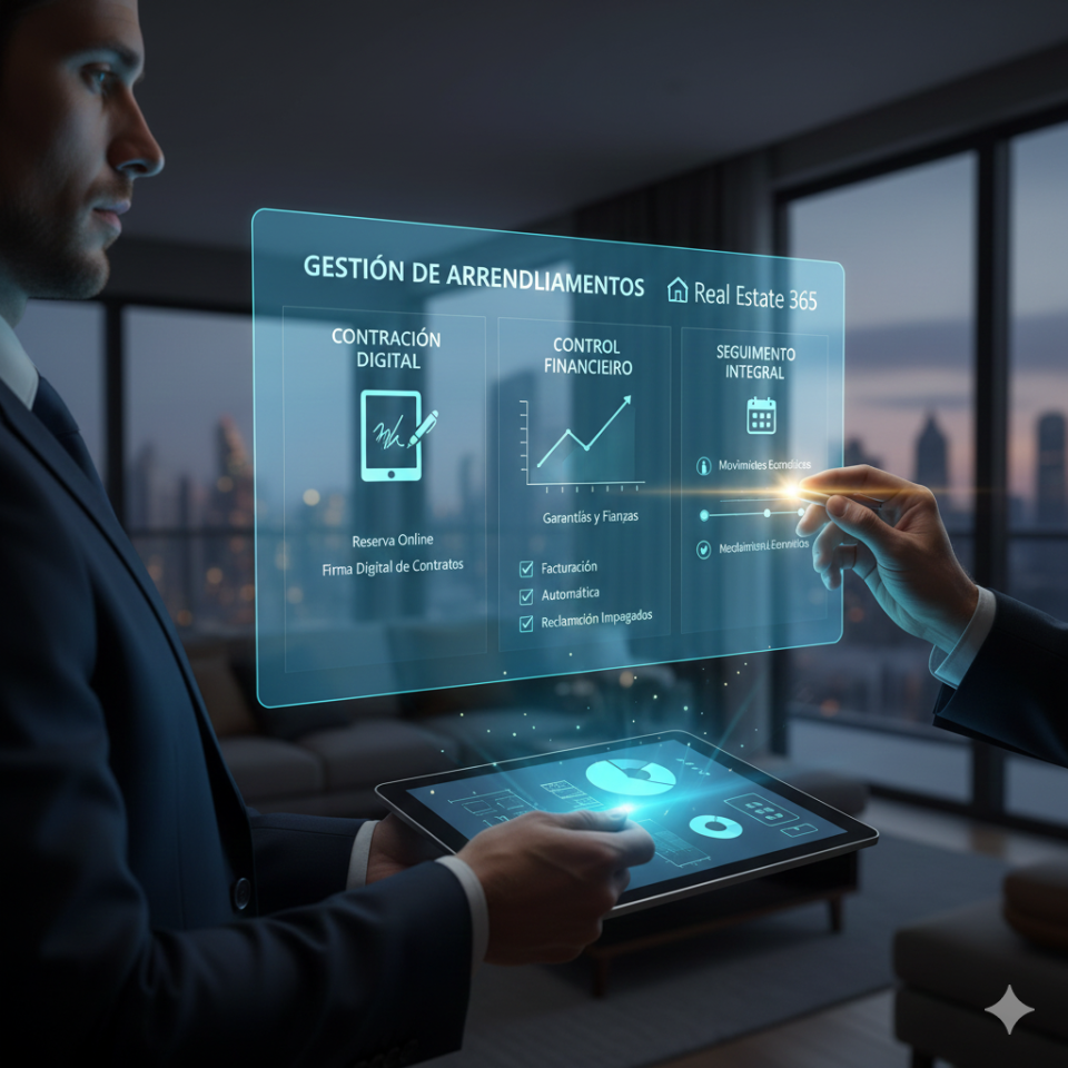 Persona usando una tablet para la gestión digital de arrendamientos con Real Estate 365, mostrando contratación digital, control financiero de rentas y seguimiento de impagados en un dashboard.