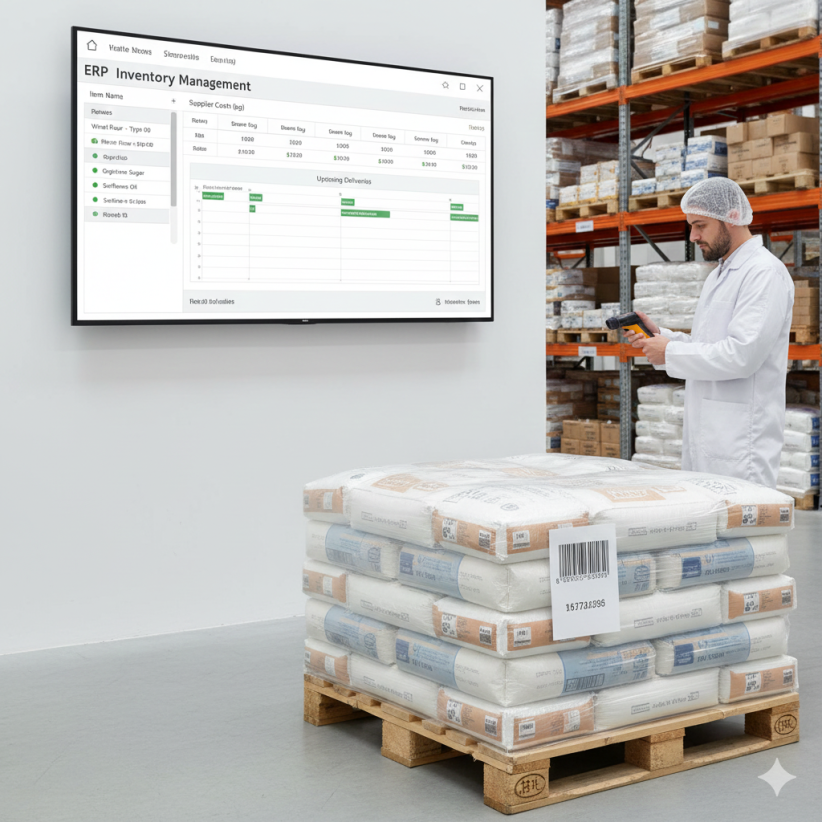 Operario gestionando inventario de materias primas con software ERP para optimización de costes en fábrica de alimentos.