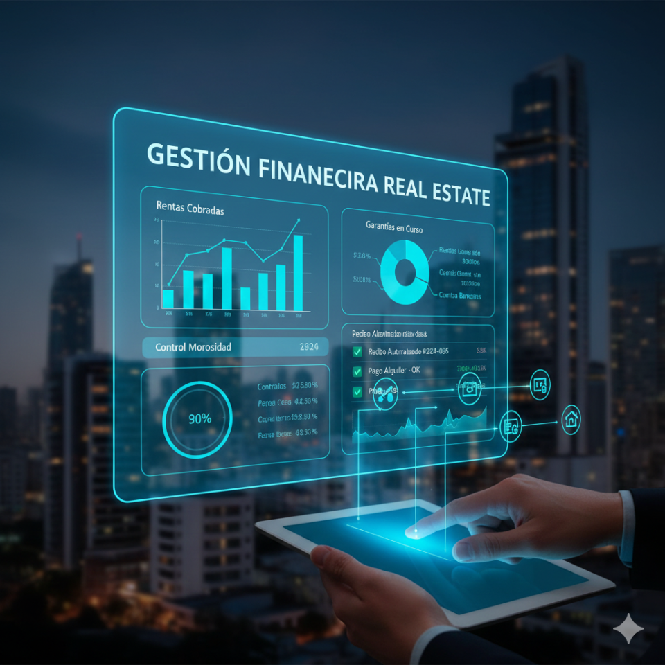 Dashboard digital de Real Estate 365 mostrando gráficos de rentas cobradas, garantías, control de morosidad y transacciones financieras en tiempo real para la gestión inmobiliaria.