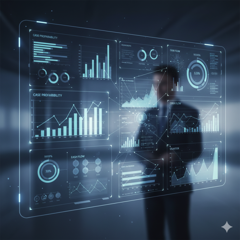 Proyección holográfica tridimensional de un dashboard de Business Intelligence, visualizando la rentabilidad de expedientes, WIP y análisis financiero para la toma de decisiones estratégicas en un despacho legal.