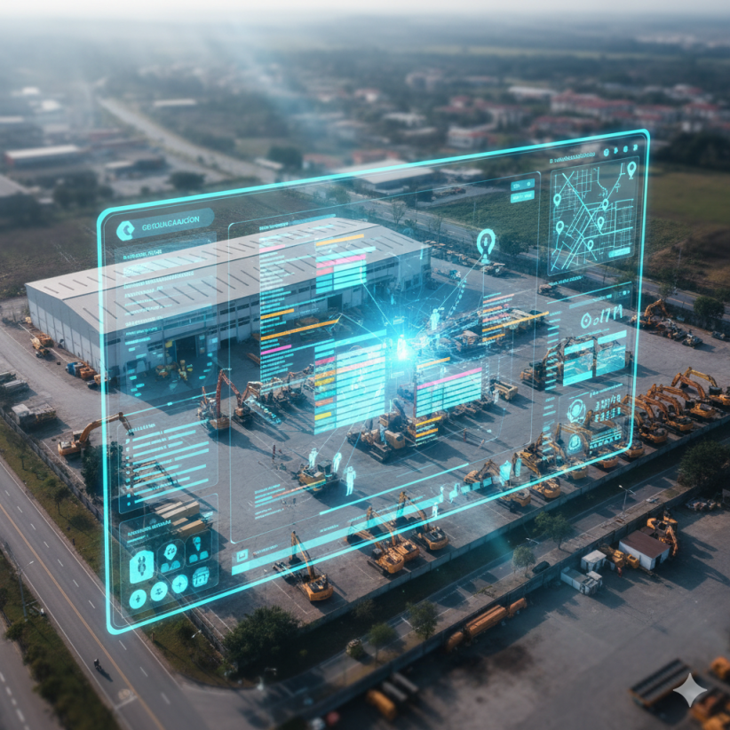 Vista aérea de una gran planta industrial con maquinaria pesada y camiones, superpuesta con un panel holográfico brillante que muestra un planificador gráfico, asignación de recursos, rutas de geolocalización GPS y órdenes de trabajo, representando una planificación y gestión de flota en tiempo real.