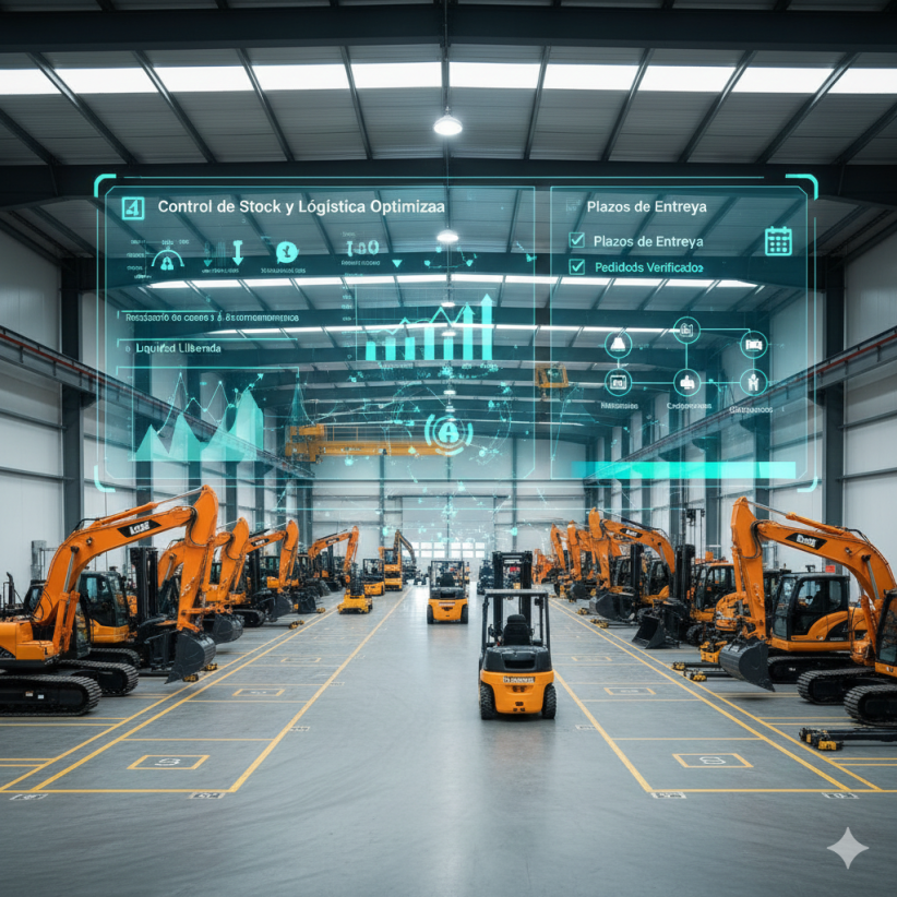 Amplio almacén industrial con filas de excavadoras y carretillas elevadoras, con una interfaz holográfica que muestra gráficos de stock optimizado, costes reducidos, plazos de entrega verificados y planificación logística, simbolizando la gestión eficiente de inventario y cumplimiento