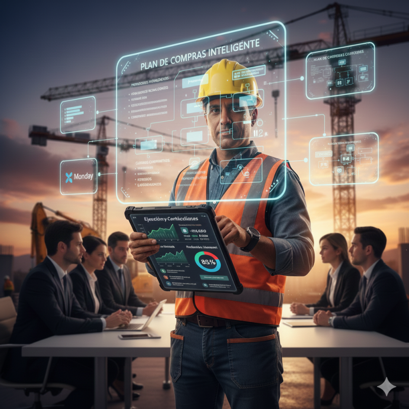 Jefe de compras en una obra en construcción utilizando una tablet con un dashboard de Plan de Compras Inteligente que muestra cálculo de necesidades, proveedores homologados y automatización de pedidos.