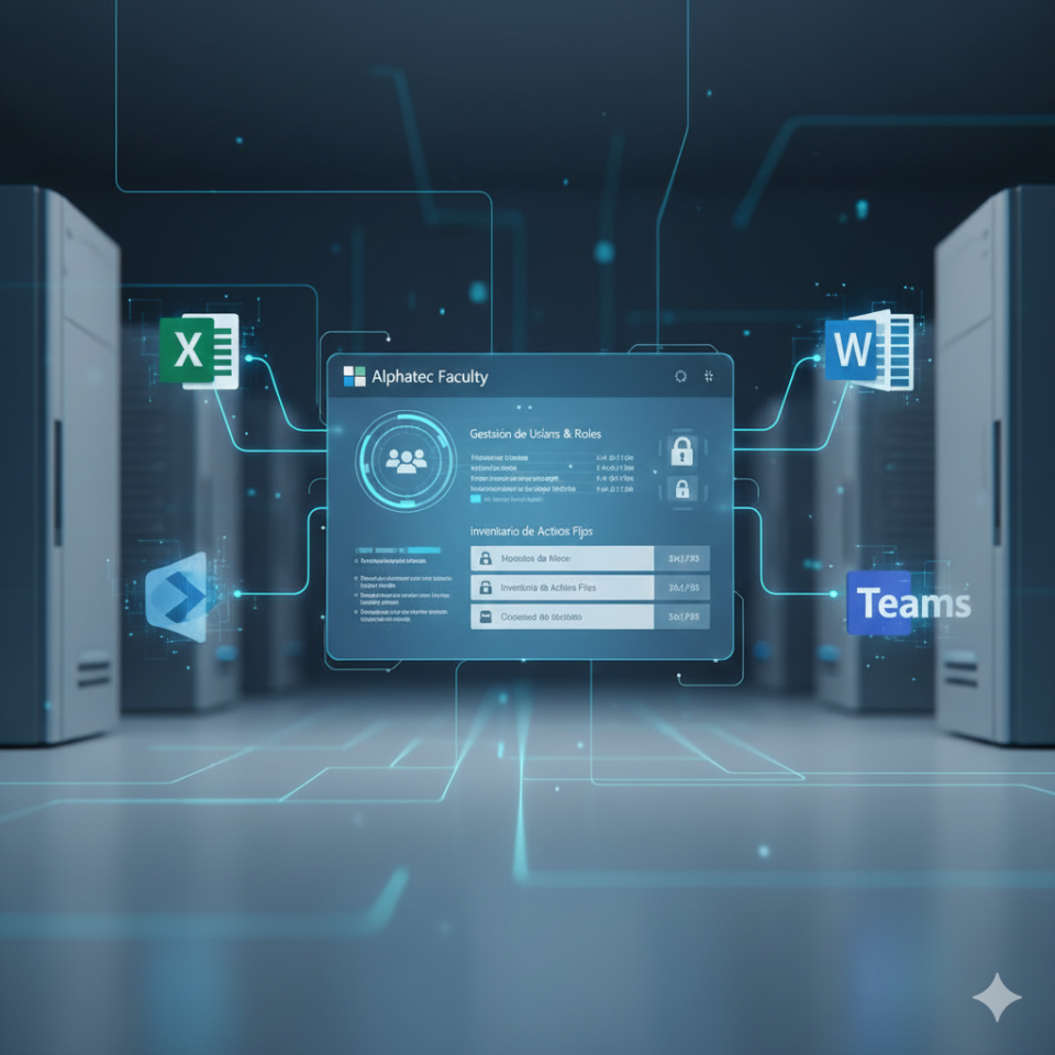 Panel de control de Alphatec Faculty integrado con Microsoft 365, mostrando gestión de usuarios, seguridad y control de activos fijos.
