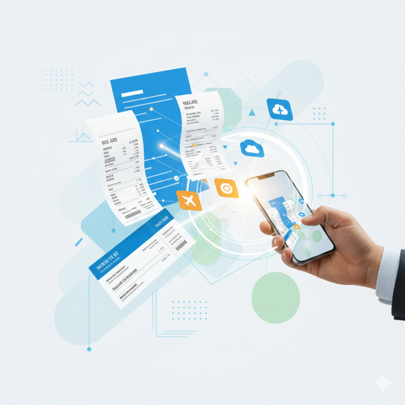Mano digitalizando recibos de gastos y facturas de proveedores con un smartphone, simbolizando la gestión ágil y digital de compras y gastos de viaje en un despacho legal.