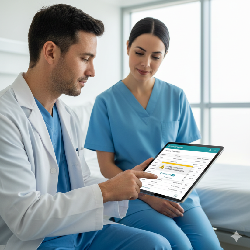 Médicos utilizando un sistema de prescripción electrónica en tablet con alertas terapéuticas, mejorando la seguridad y reduciendo errores en la medicación del paciente.