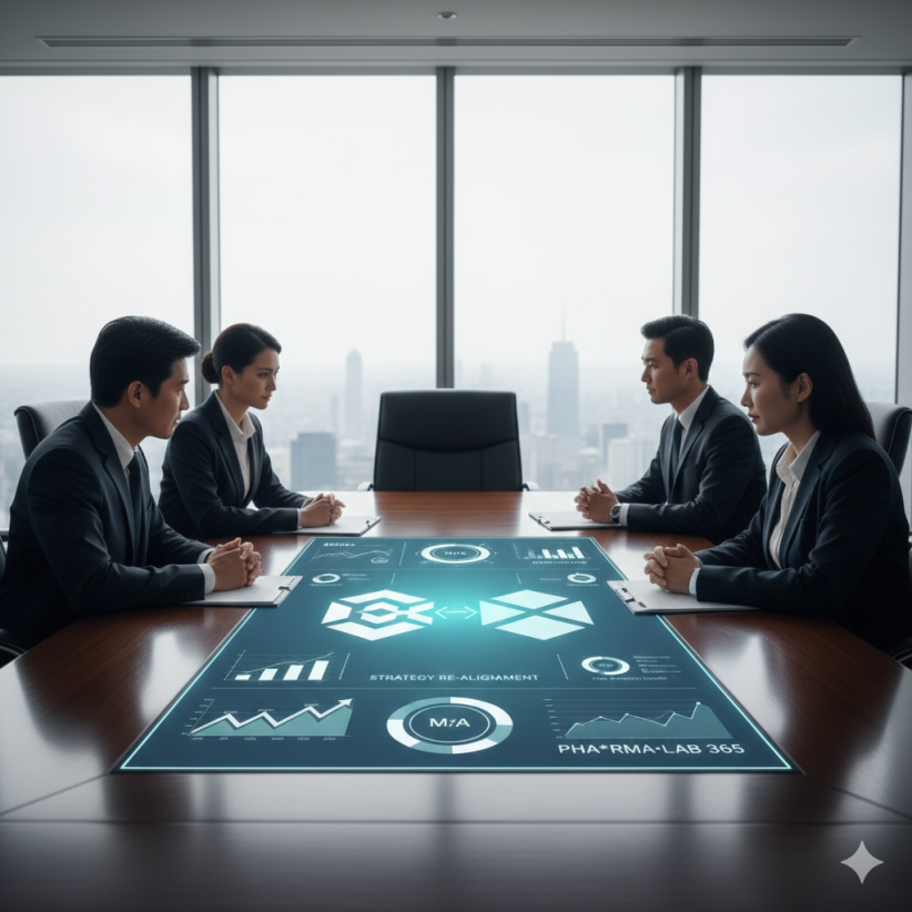 Ejecutivos de la industria farmacéutica colaborando en sala de reuniones moderna, planificando la estrategia de fusiones y adquisiciones con el soporte de datos estructurales del ERP.