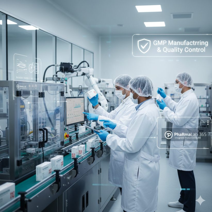Técnicos farmacéuticos supervisando el control de calidad y la producción de medicamentos en una línea de fabricación y reempaquetado automatizada, garantizando el cumplimiento de GMP.