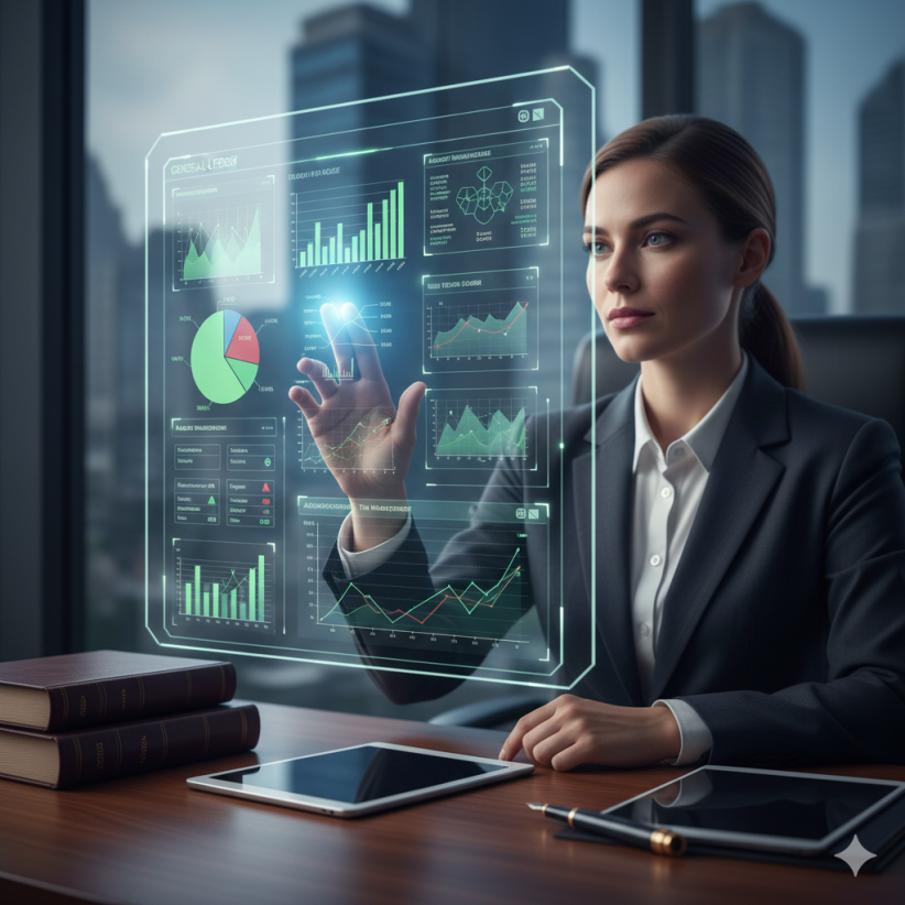 Profesional analizando dashboard financiero holográfico con gráficos de contabilidad analítica, control presupuestario y gestión de cartera para un despacho de abogados.