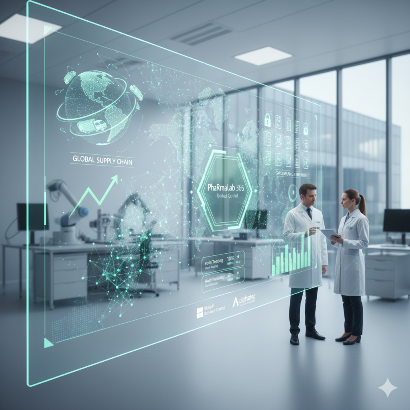 Profesionales farmacéuticos en laboratorio observando un panel digital con datos de cadena de suministro global, cumplimiento GxP y eficiencia operativa de PhaRmaLab 365.