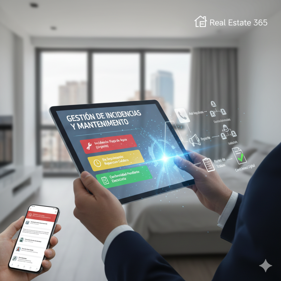 Persona utilizando una tablet con una interfaz de Real Estate 365 para la gestión de incidencias y mantenimiento, mostrando reportes, seguimiento y partes de trabajo en un entorno inmobiliario