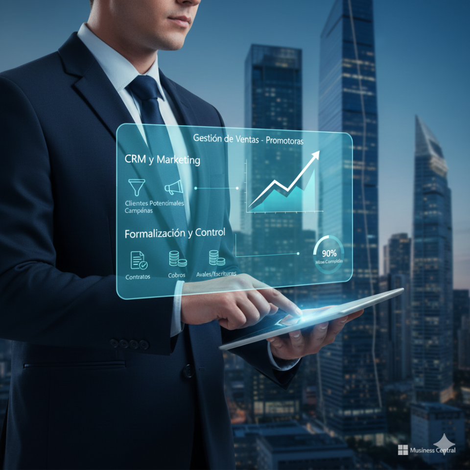 Persona utilizando una tablet con un dashboard digital de Real Estate 365 para promotores, mostrando gestión de CRM, marketing, formalización de contratos, cobros y avales con gráficos de crecimiento.