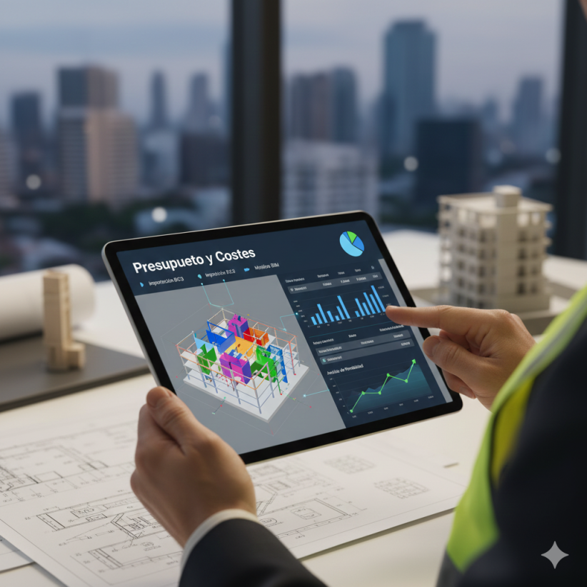 Gráfico digital de presupuesto y costes de obra en una tablet, mostrando la integración de datos BIM y BC3 para una oferta precisa
