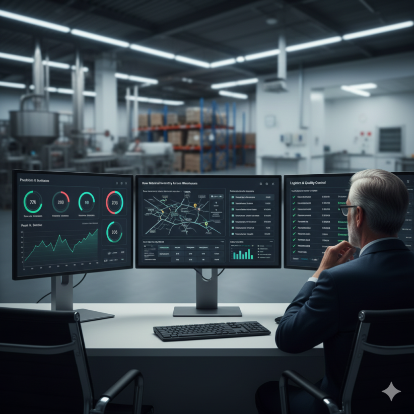 Gerente analizando dashboard de software ERP con información centralizada de múltiples plantas y líneas de producción de alimentos.