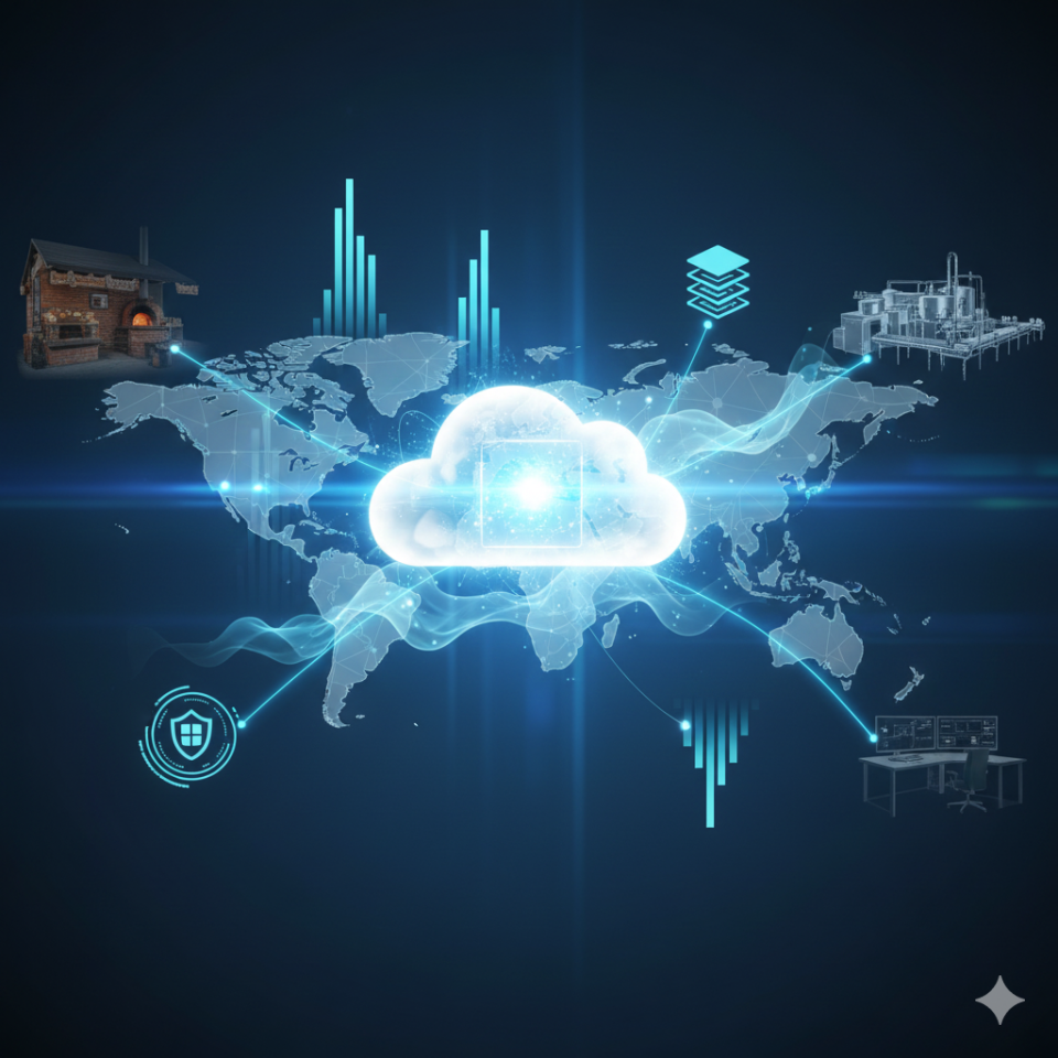 Representación visual de Microsoft Azure Cloud como centro de datos global, con elementos de escalabilidad, seguridad, y un mapa conectando un obrador, una fábrica y una oficina, simbolizando flexibilidad para negocios de Food and Beverage