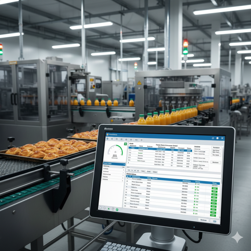 Panel de control con software ERP mostrando planificación y seguimiento de producción en una línea de fabricación de alimentos.